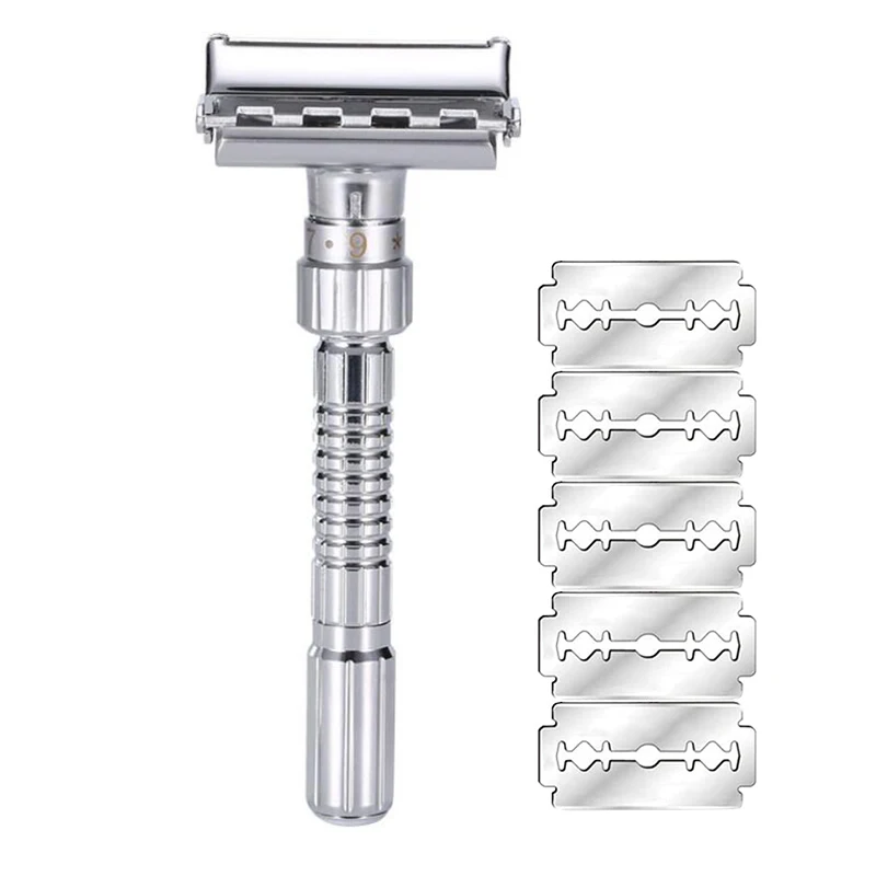 

New Adjustable Double Edge Shaving Safety Razor Shaver Blades Zinc Alloy Chrome Razors With 5 blades