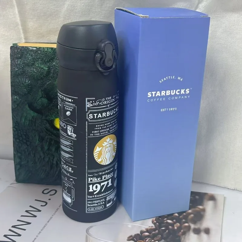Copo Térmico Nostálgico Starbucks 1971 Pike Place 500ml, Garrafa de Água em Aço Inoxidável Preto Fosco com Estampa Retrô e Tampa Flip à Prova de Vazamentos