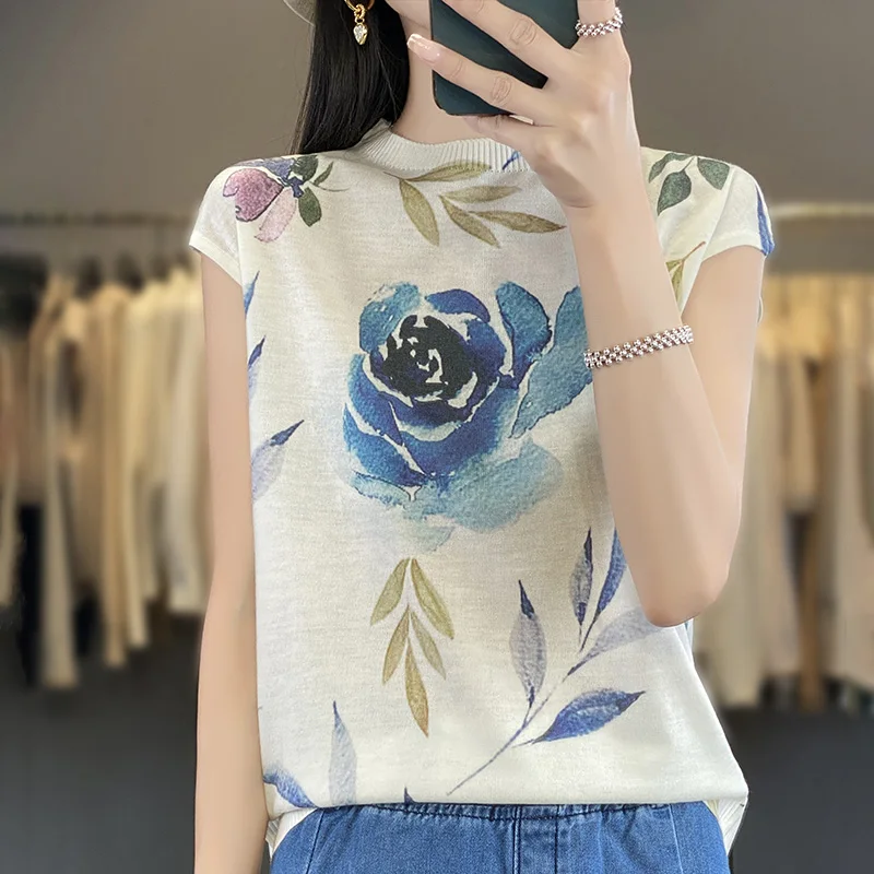 

Summer New Knitted Half Sleeves Women's Round Neck Pullover Mulberry Silk Wool Loose Print Graffiti High Grade Sleeveless Top