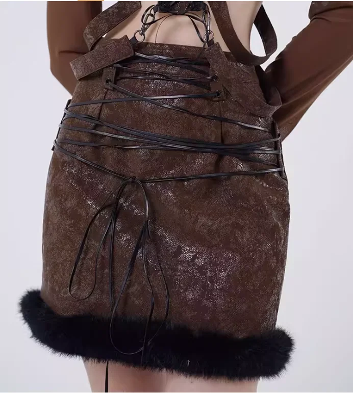 Herfst Winter Nieuwe Mode Lace-up Sexy Veelzijdige Straat Leren Rok Persoonlijkheid Meisje Hoge Taille A-lijn Effen Kleur Punk Rokken