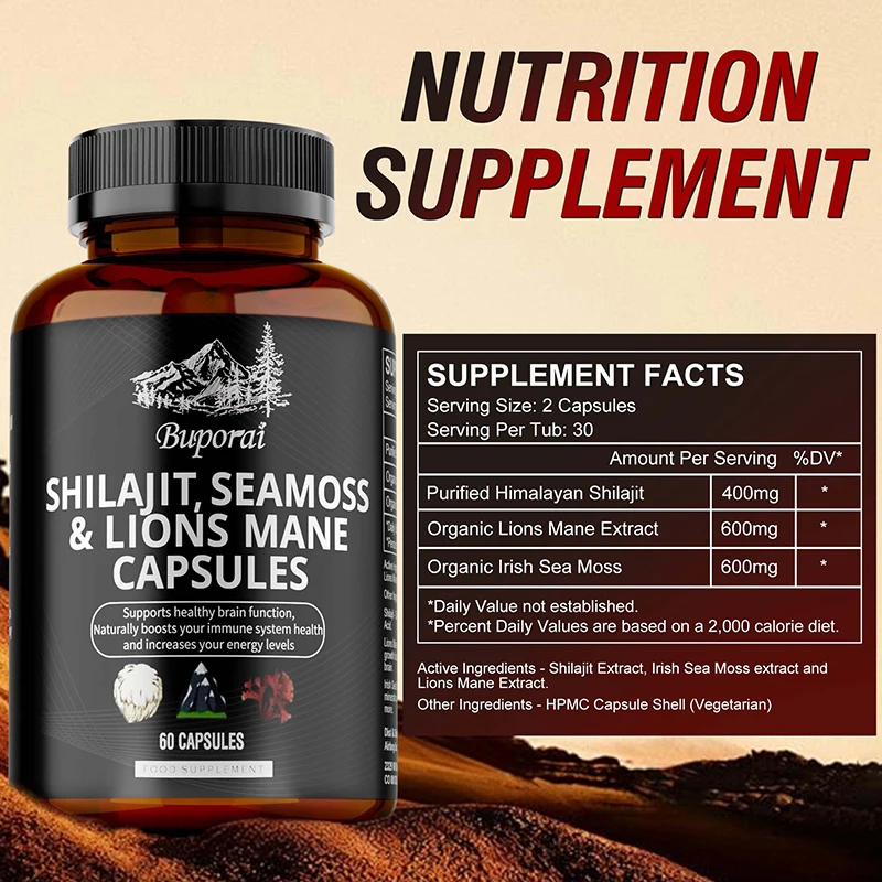 Shilajit, Sea Moss & Lions Mane Capsules - Regulate Brain Activity, Supports Heart, Brain and Joints Health, Enhance Memory