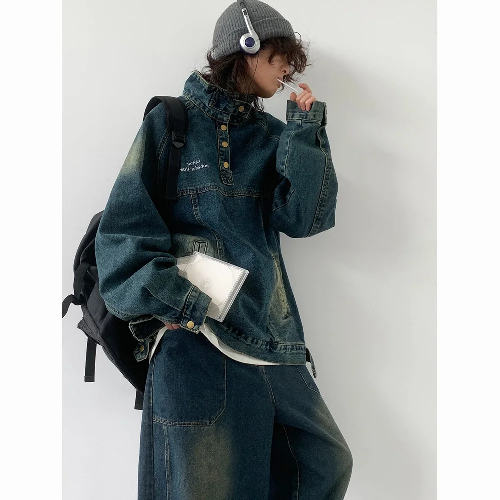 

Jiwuus Retro Japanese Street Sle f High Collar Faded Denim Jaet ex Casual Loose Workwear Outerwear Spring Autumn