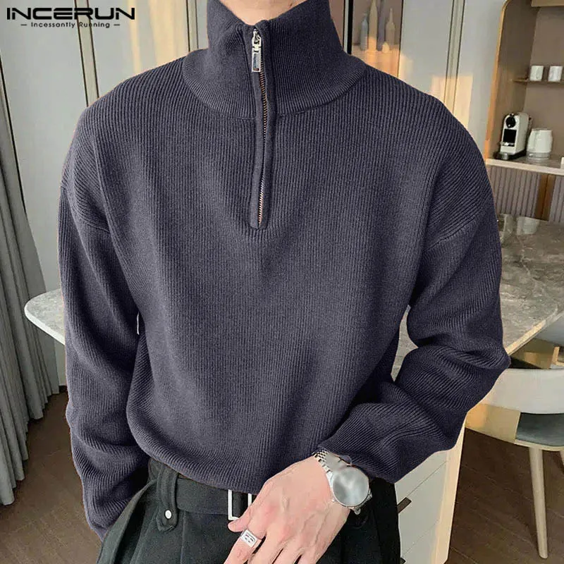 INCERUN Tops 2024 Korean Style Fashion New Men's Texture Pullovers Casual Streetwear Solid Long Sleeved High Neck Sweaters S-5XL