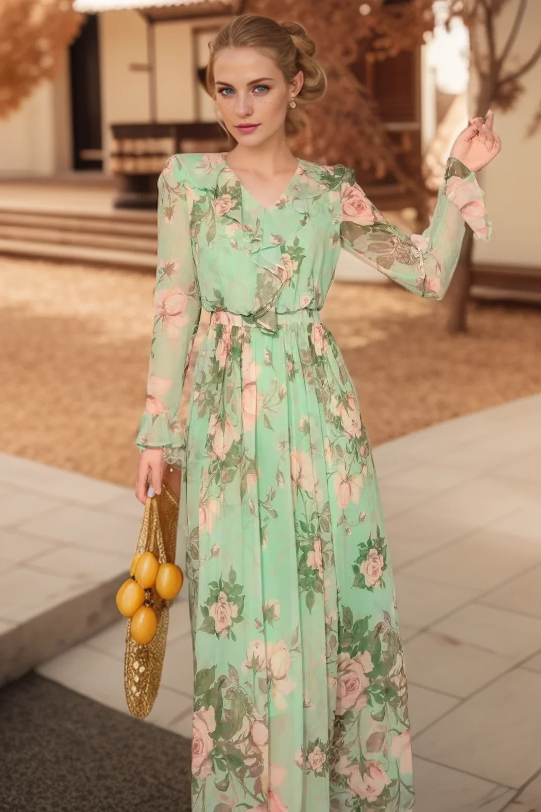 

SEQINYY Light Green Dress Midi Summer Spring New Fashion Design Women Runway V-Neck Ruffles Vintage Flower Print Chiffon Casual