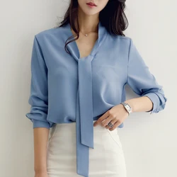 Office Lady White Blue Women Blouse Shirt Top Blusas Mujer De Moda 2024 Long Sleeve Blouse Women Blusa Feminina Female Tops A137