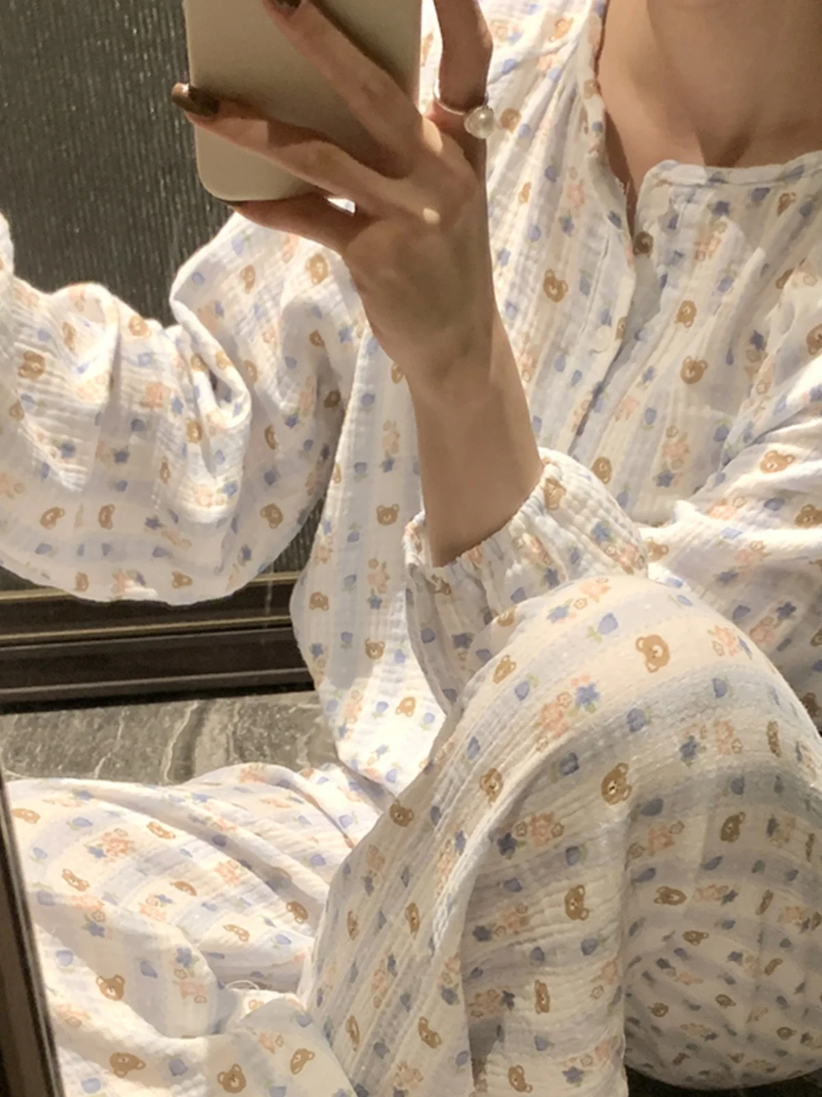 

Pure Cotton Flannel Spwear Long Sve round Ne Home Clothes Set for Women Cute Bear Pattern Spring Autumn Season