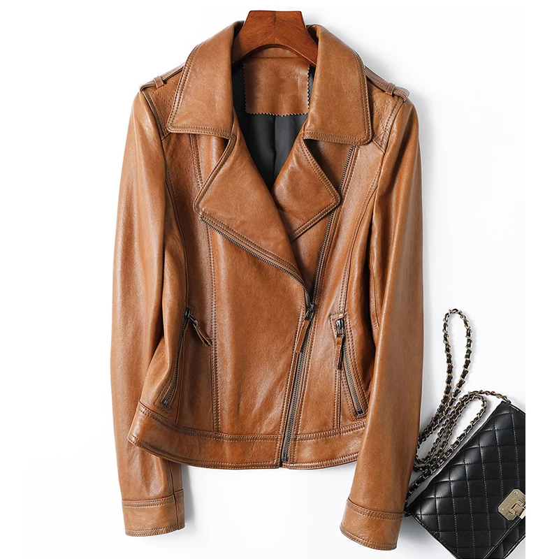 100% Genuine Sheepskin Jackets for Women 2024 Autumn Winter Brown Black Female Zipper Design Slim Fit Leather Coats Tops M-3XL