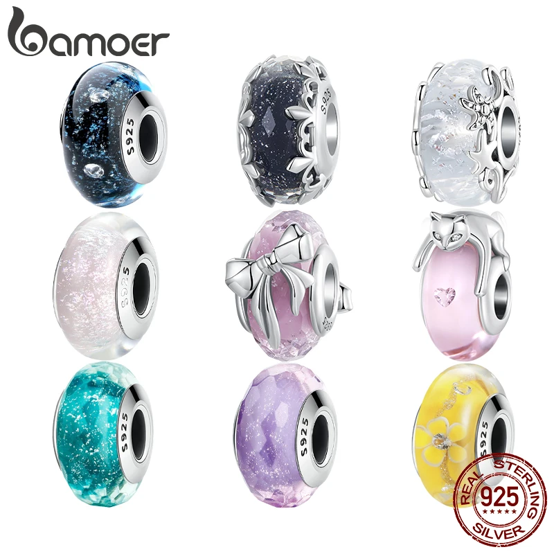 

Bamoer 925 Sterling Silver Original Iris Murano Charm Glass Beads Pink Bow Flowers Black Lovely For Women Fine Jewelry DIY Gifts