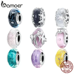 Bamoer 925 Sterling Silver Original Iris Murano Charm Glass Beads Pink Bow Flowers Black Lovely For Women Fine Jewelry DIY Gifts