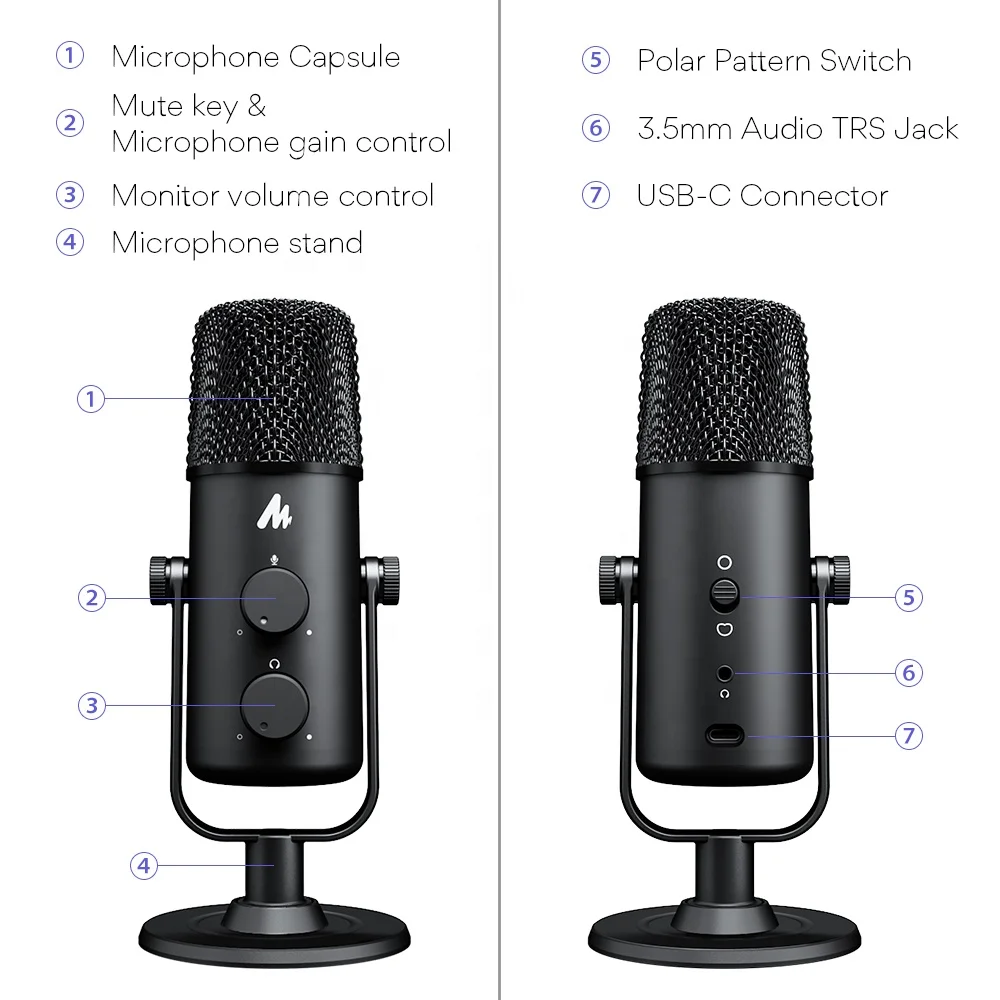 MAONO USB to Type C PC Studio Condenser Microphone With Microphone Stand for SP4 Games Phone Recording Podcast Gaming Microphone