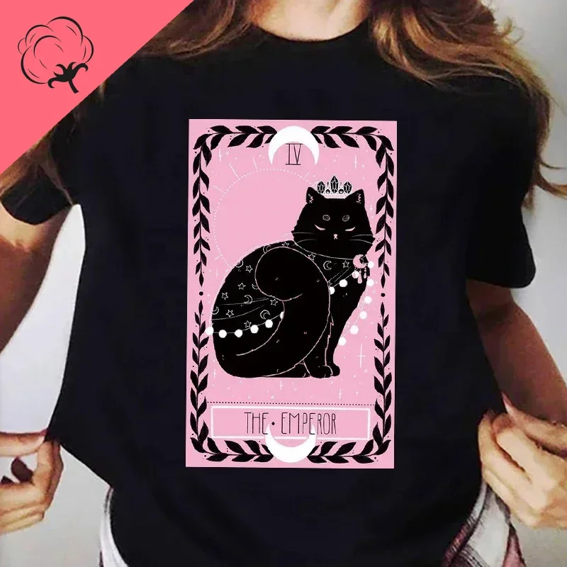 Funny Kawaii Tops Tees Ladies Tshirt 2022 The Tarot Card Cat Women T-shirt Cartoon The Magician Cats Black T shirt femme Tops