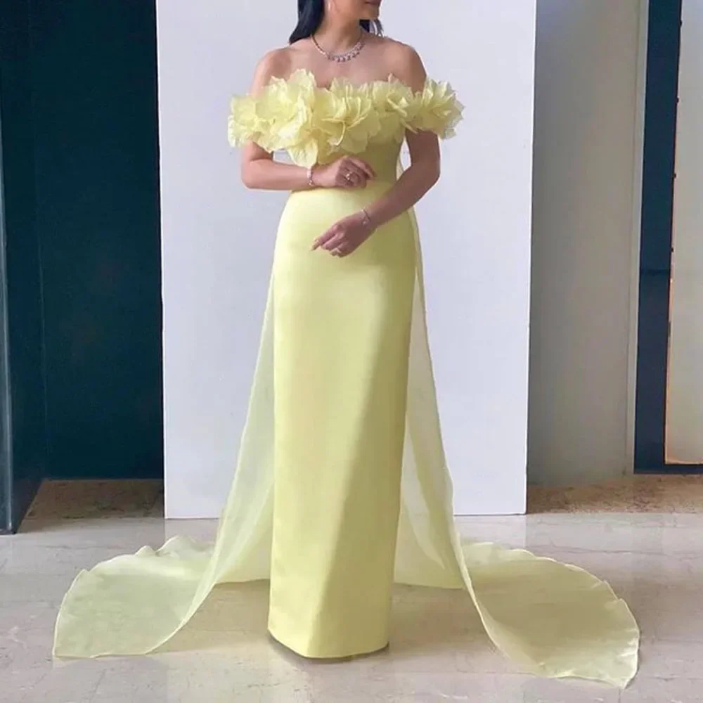 

Customized Elegant Yellow Off The Shoulder Appliqued Evening Dresses Straight Floor-Length Prom Dresses 2024 Bridal Engagement G