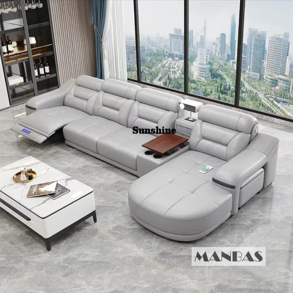 Genuine Leather Living Room Sofas Sets Power Reclining Couch Electric Recliners With Projector, USB, Speaker & Cup HolderYY