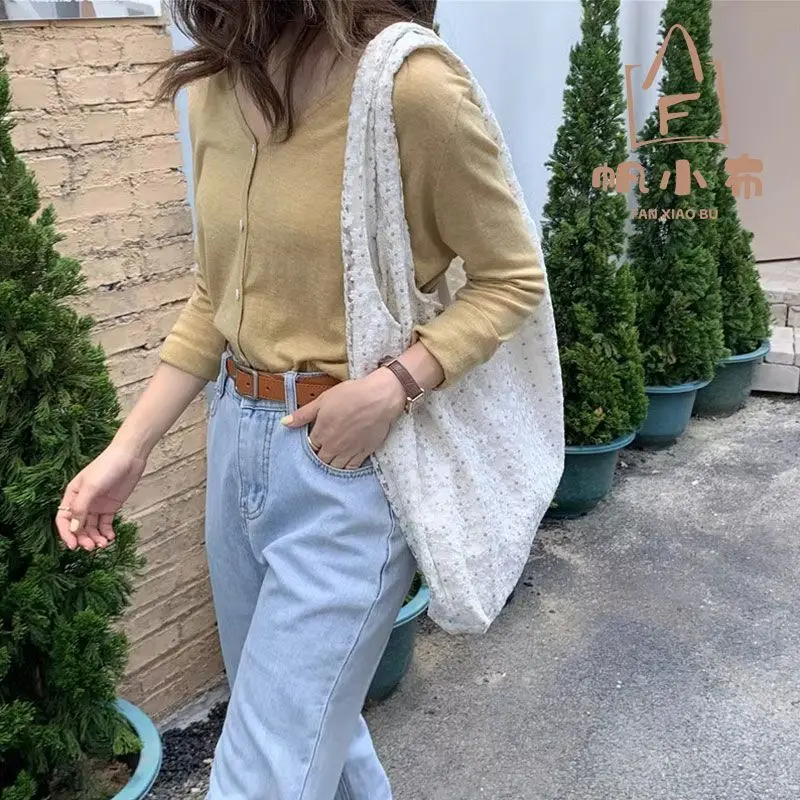 Women's Korean Style Mesh Flower Shoulder Bag with Large Capacity Underarm Bag Student Sweet New Light and Thin Canvas Open Bag