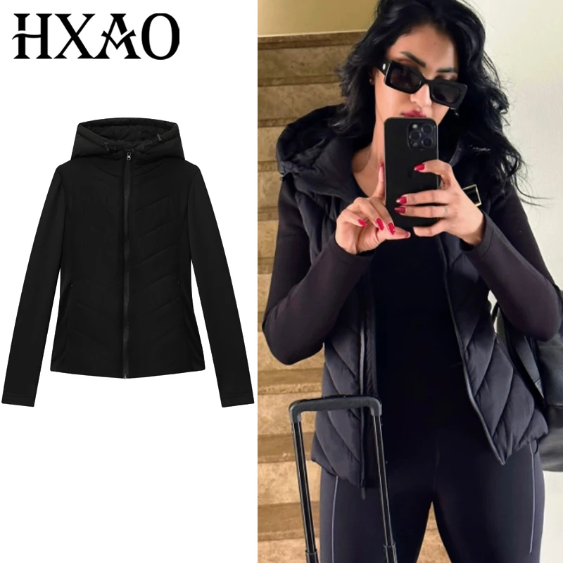HXAO Chaqueta de mujer Chaqueta acolchada negra Mujer Demi-Season Nuevo en abrigos y chaquetas Chaqueta acolchada ligera con capucha de manga larga con cremallera