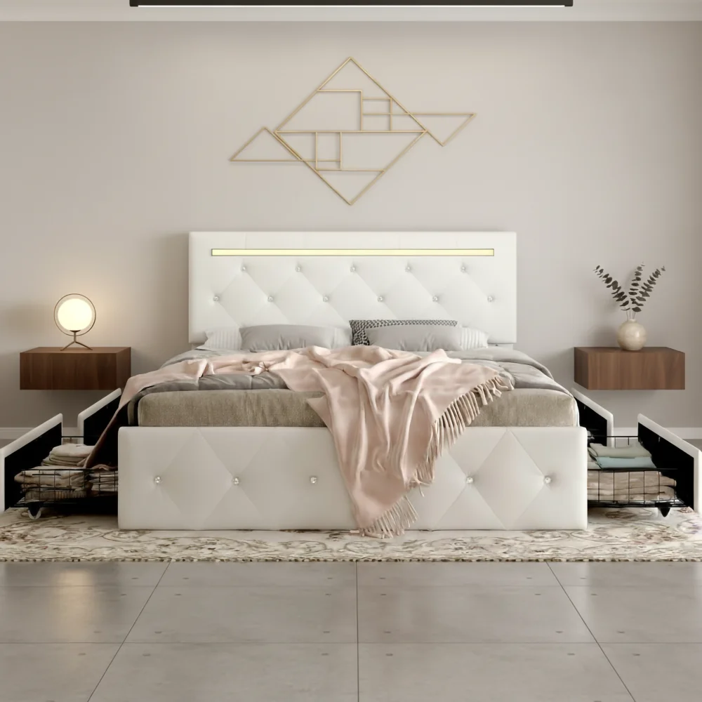 

Queen Bed Frame: LED,4 Drawers,Adjustable Headboard,Charging Station,Metal Frame,No Box Spring(White)