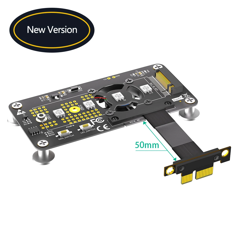 3 in 1 Combo M.2( NGFF) NVME M-key SSD to PCI- E 4X 1X Extension Cable With Cooling Fan and Automatic Discoloration LED