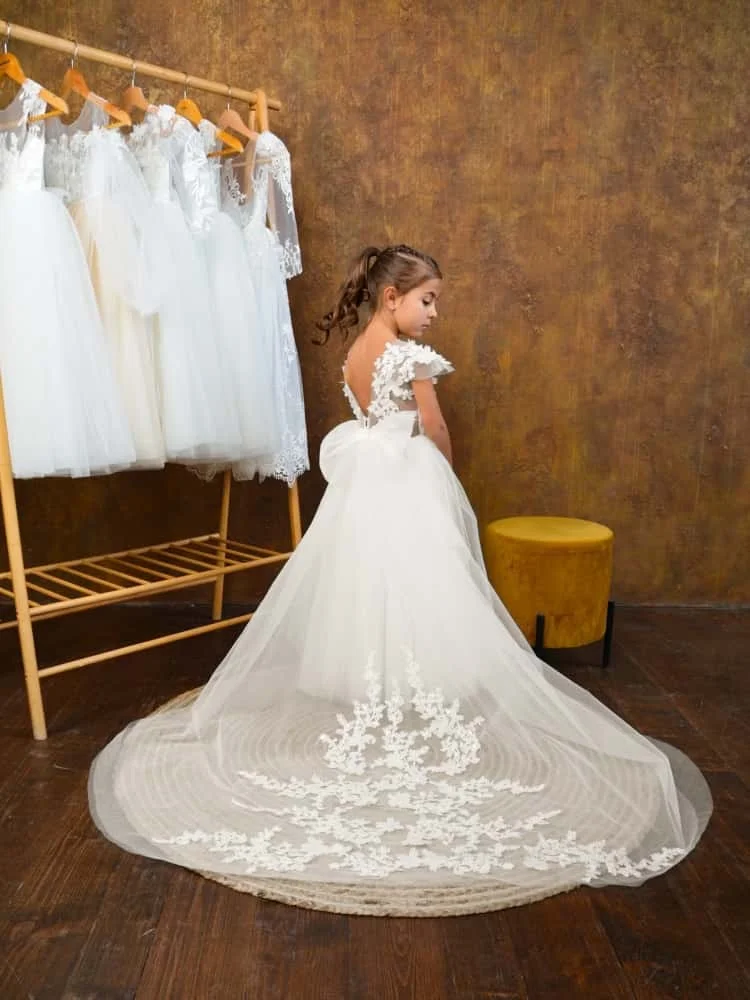 Lace Flower Girl Dress Cap Sleeve Illusion Back Big Bow Long Train 3D Floral Appliqué Tulle Gown Kids Wedding Pageant Dresses