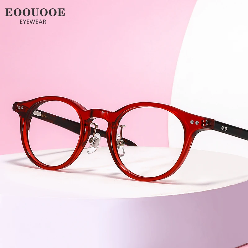 

EOOUOOE New Fashion Women Eyeglass Retro Round Acetate Glasses Frame Optics Myopia Hyperopia Prescription Lenses Red Pink Green