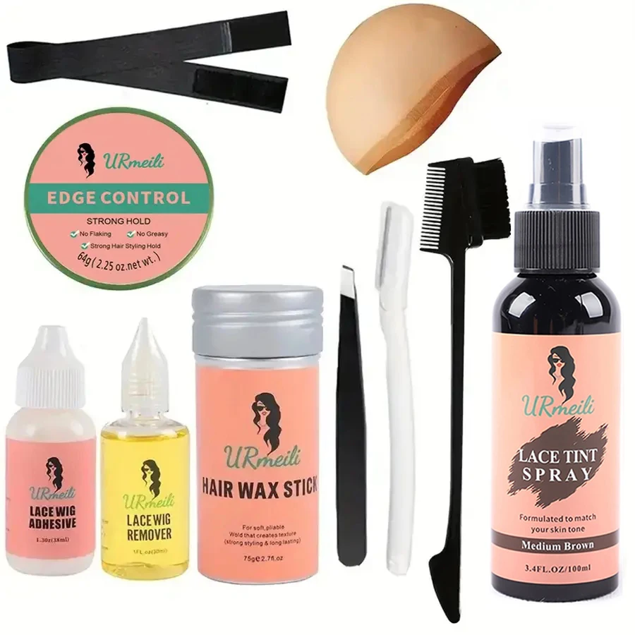 

Hair Extension Glue Kit 10-Piece Set with Lace Wig Adhesive Goof Liquid Lace Coloring Spray Hair Net Wig Installation Tools