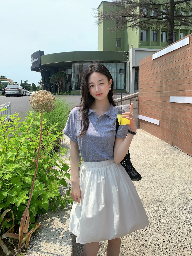 

Простой летний повседневный женский топ из трикотажа с коротким рукавом, универсальный, корейский стиль, вязаная кофта ERRA, стройнящая фигуру