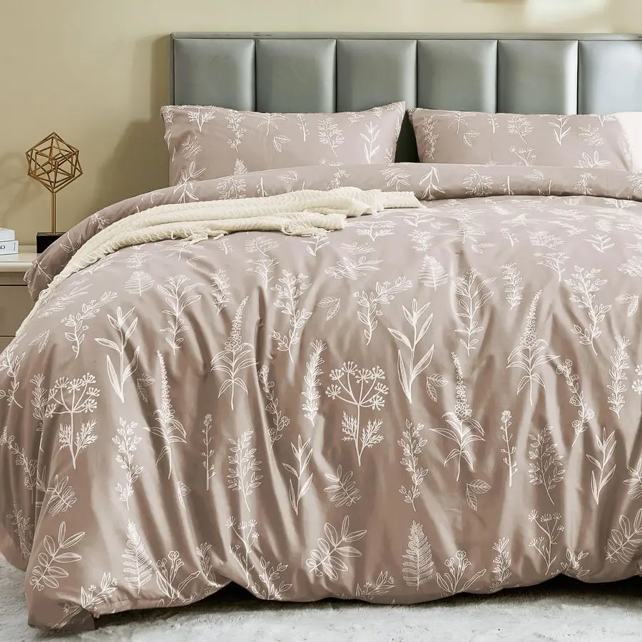 

Duvet Cover Queen Size, Reversible Floral Taupe Duvet Cover Set with Zipper Closure, 3 Pieces Botanical Patterns Soft Microfiber
