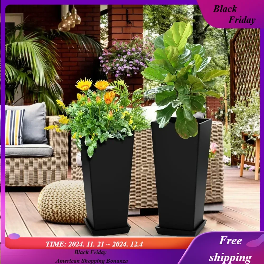 Set of 2 Tall Outdoor Planters 24 Inch, Large Planters for Indoor Outdoor Plants, Tapered Square Flower Pots with Tray for Patio