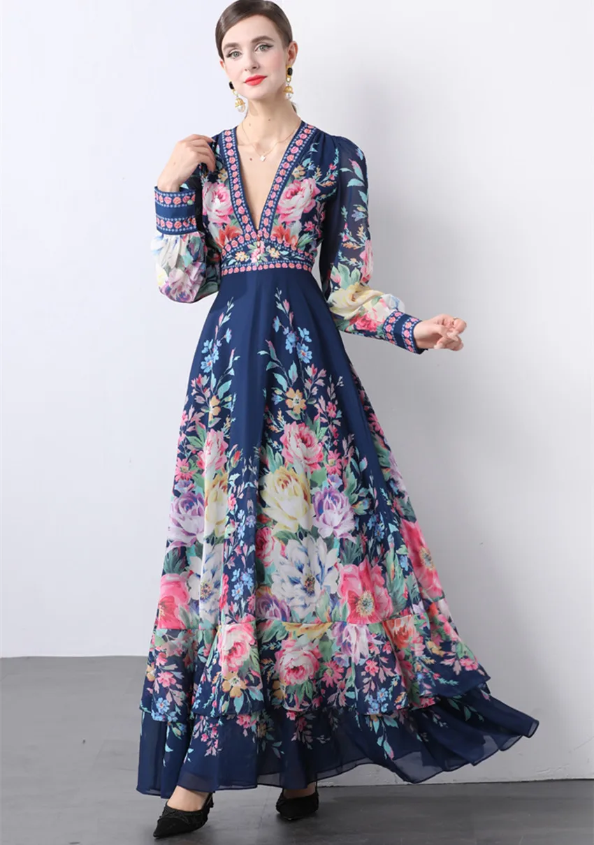 Autumn Flower Print Holiday Long Dress Elegant Women Sexy Deep V Neck High Waist Chiffon Lantern Sleeve Ball Gown Robe Clothes