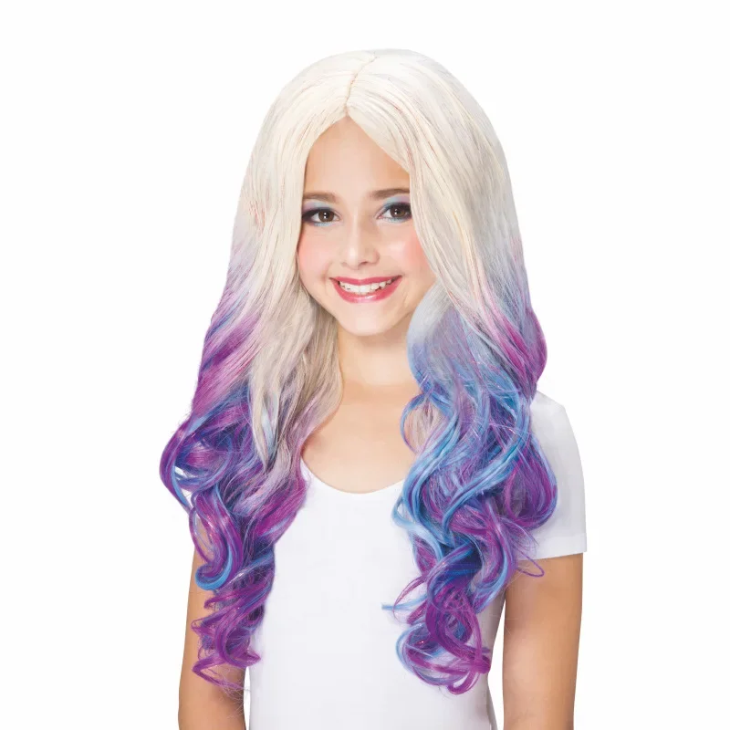 Girls Long Princess Hair Purple Pink Kids Mermaid Wig