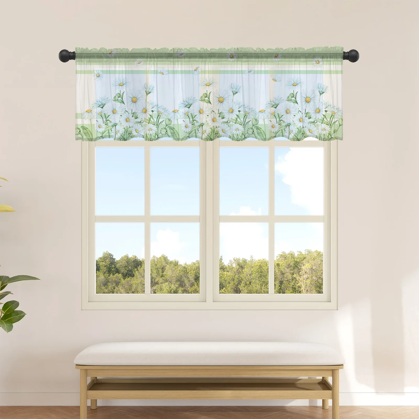 Summer Flowers Daisies Watercolor Green Short Tulle Window Curtains Sheer Voile Curtain Kitchen Cabinet Home Decor Small Drapes