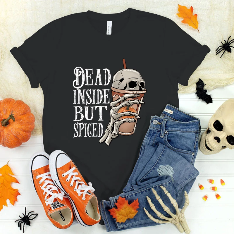 

(Premium T-shirt)Fashion Halloween Dead Inside But Spiced Print Hip Hop Short Sleeve Women Summer Cool Casual Outdoor T Shirts