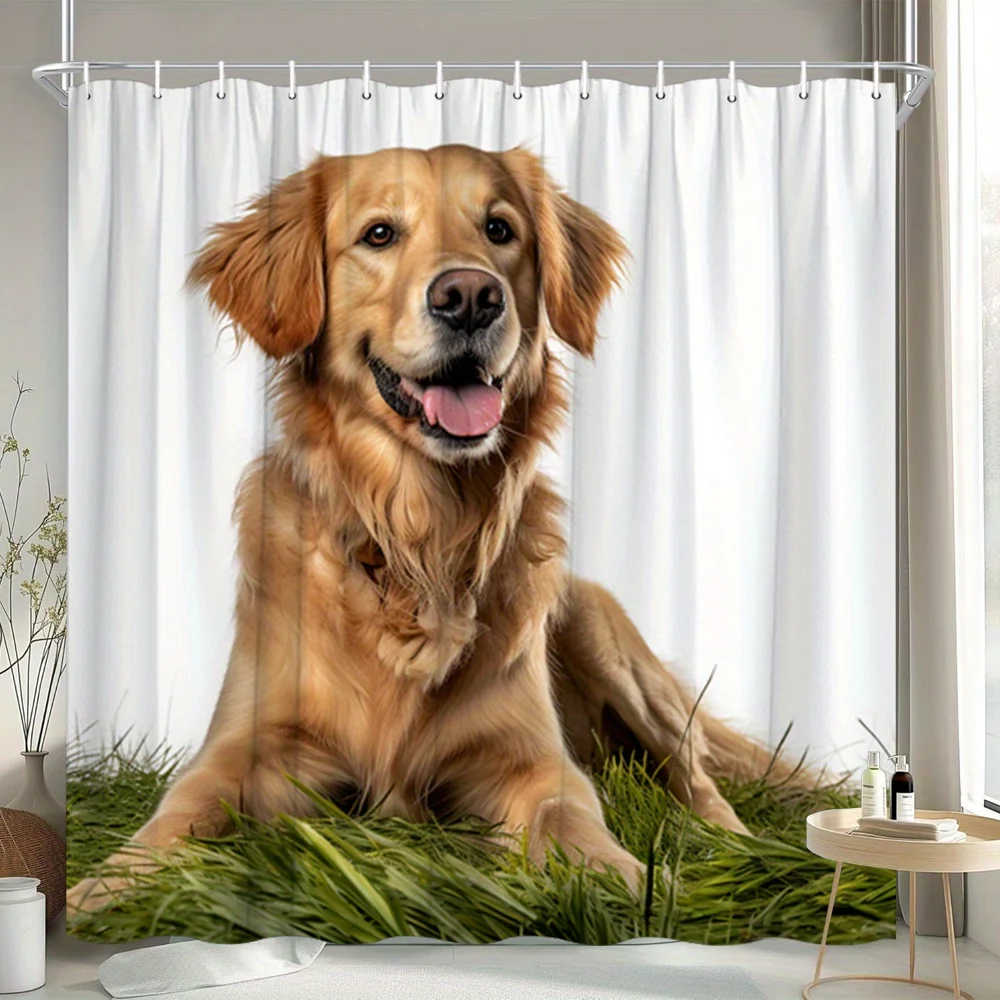 Golden Retriever Shower Curtain Cute Dog on Grass Print Waterproof Polyester Bathroom Decor Bath Curtain Set