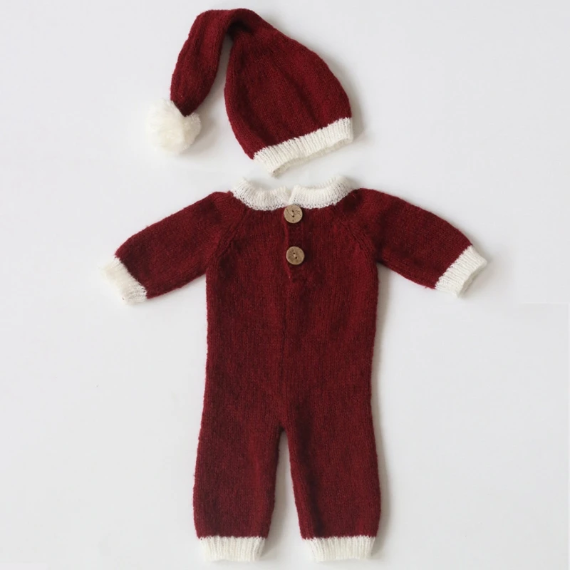 

Newborn Christmas Photography Props Knitted Jumpsuit + Long Tail Turban Beanie Baby Boy Girl Romper Hat Set