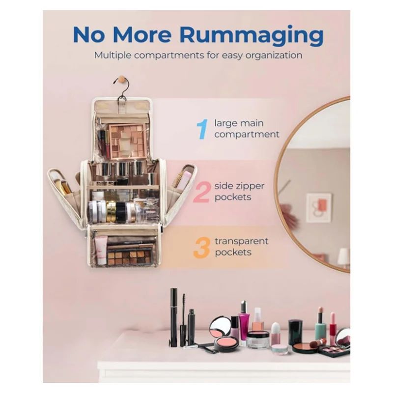 حقيبة مستحضرات التجميل ذات سعة كبيرة من TEXU مع خطاف للسفر، حقيبة تنظيم المكياج المعلقة باللون الأبيض الكريمي #4