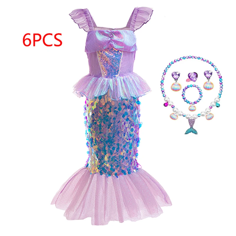 Summer New Girls Mermaid Flying Sleeves Sequin Cosplay Dress Children's Day Halloween School Party Dress for 3 4 5 6 7 8 Years