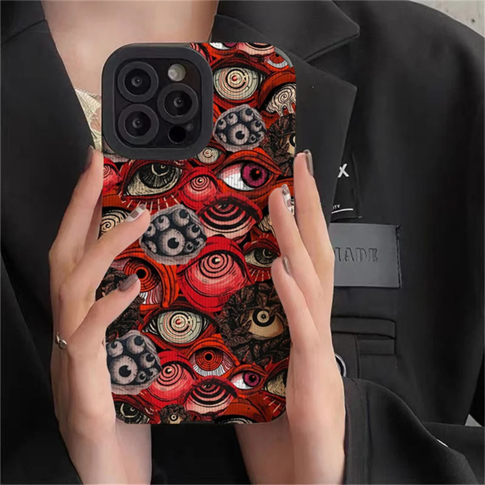 Moda Spooky korkunç kırmızı göz silikon kılıf iPhone 13 14 15 16 Pro Max 11 12 Mini 7 8 artı X XR XS MAX yumuşak darbeye kapak