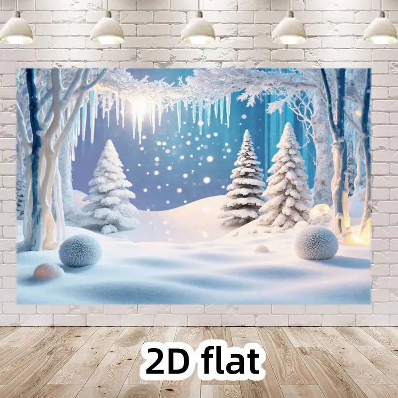 2D Flat, 1pc Winter Snow Forest Tapestry - 2D Flat Snowy Pine Trees & Icicles Wall Hanging, Blue Snowscape Nature Scene with Glo