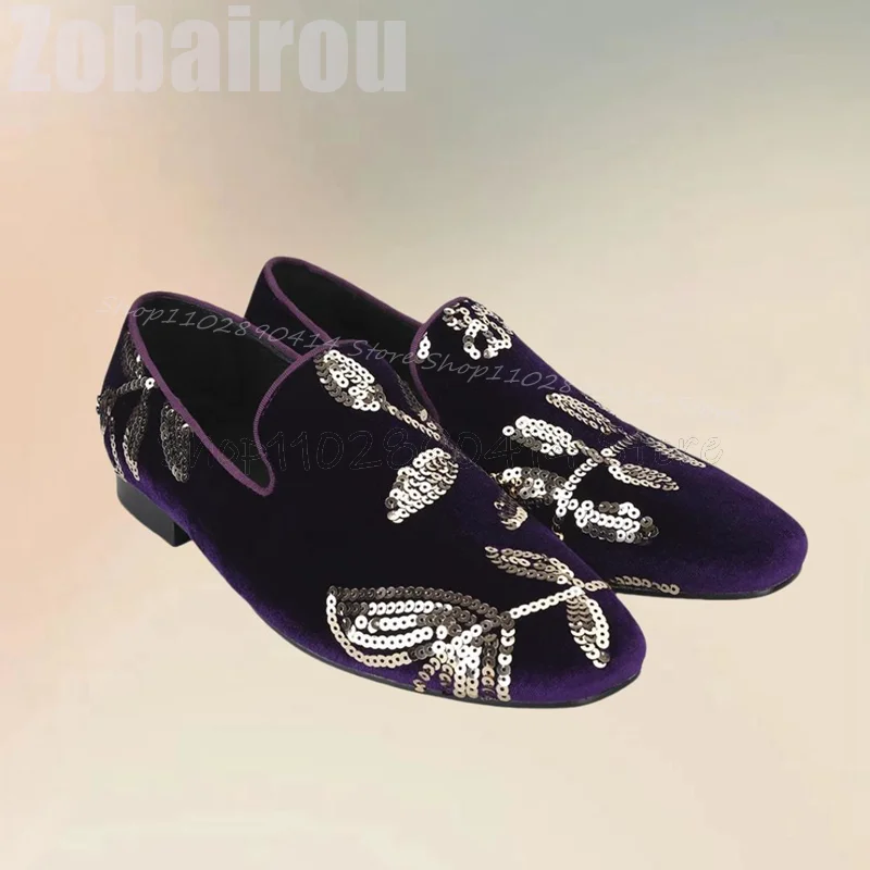 

Leaf Sequins Design Purple Suede Square Toe Loafers Fashion Slip On Men Shoes Luxurious Handmade Party Wedding Men Dress Shoes