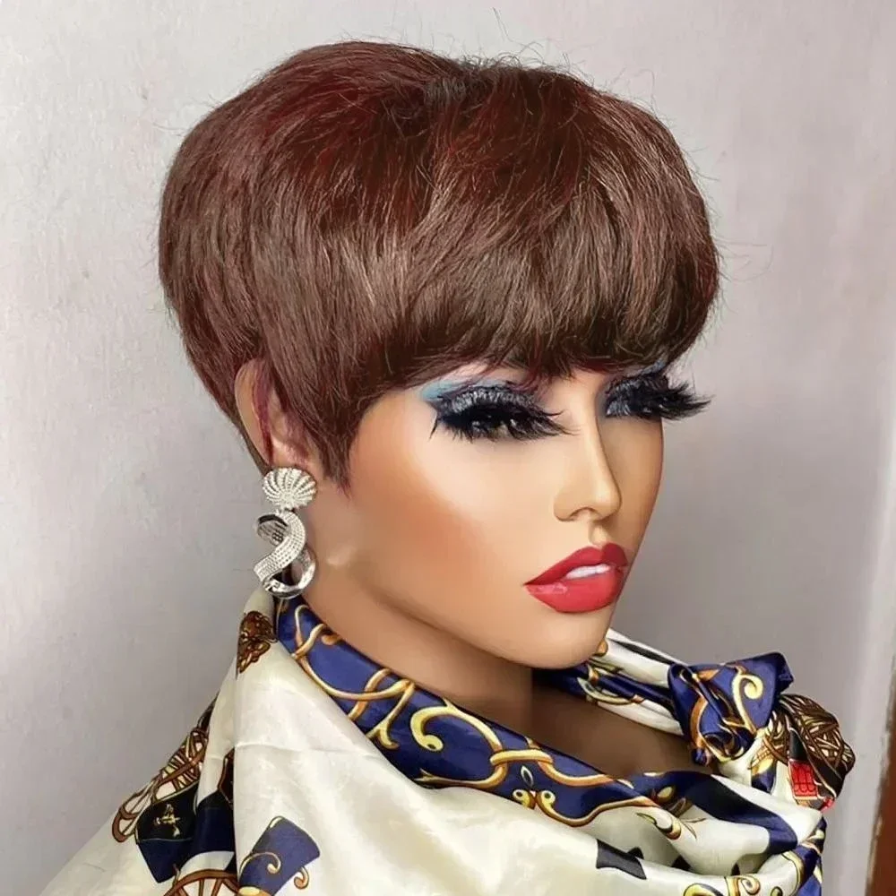 Brown Short Pixie Cut Wig Human Hair For Black Women Machine Made Wigs With Bangs Colored Honey Blond Wig Human Hair Wigs