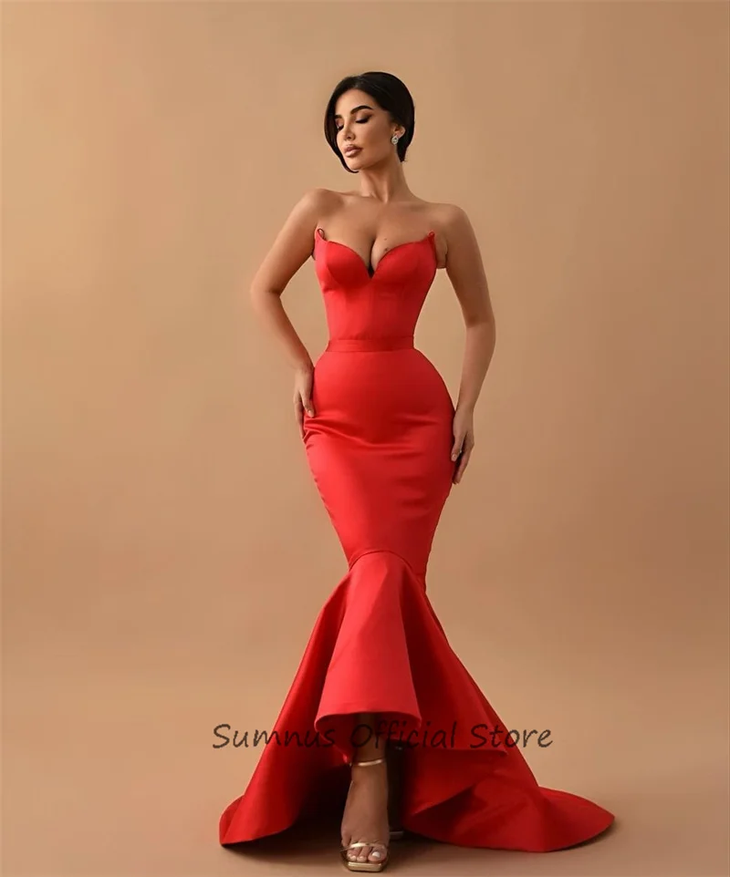 SUMNUS-vestido de cetim sem alças para mulheres, vestidos de baile sexy sereia, vestidos de festa slim fit, Arábia Saudita personalizado, vermelho sob medida