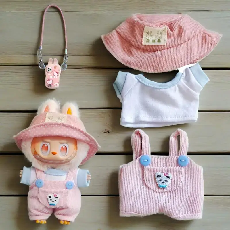 17cm roupas para labubu rosa porco macacão conjunto de roupas pingente do bebê roupas substituição tendência presente saco cintura