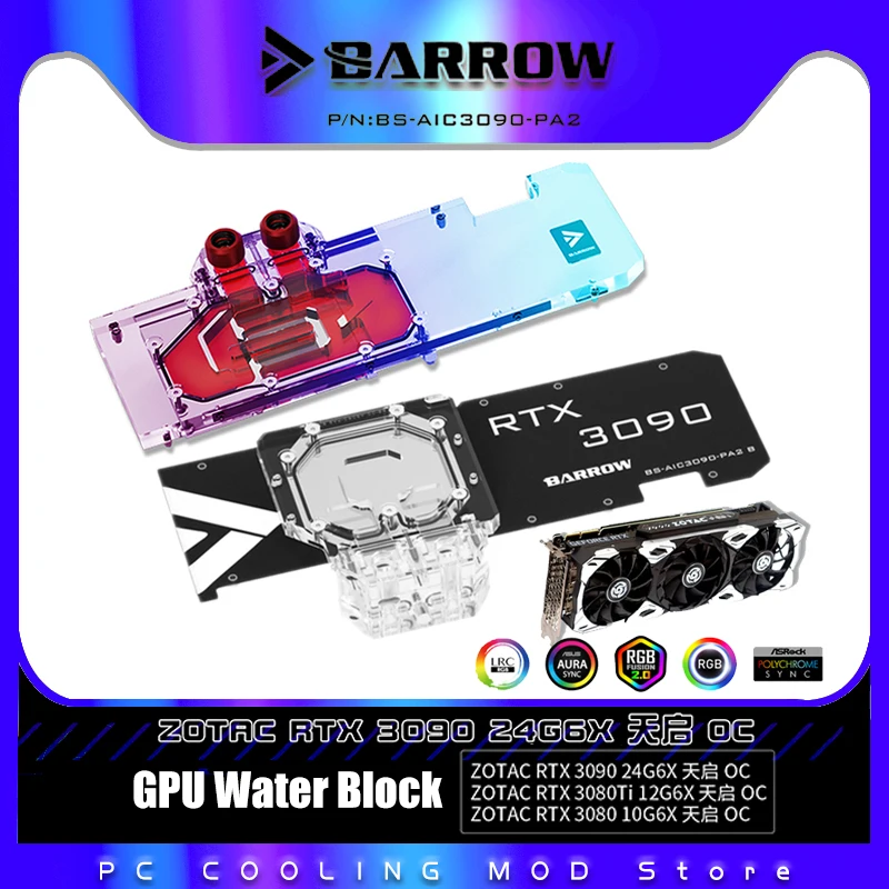 

Barrow Dual Sided Memory GPU Water Block For ZOTAC RTX 3090 TQ OC Graphics Card,Full Cover VGA Radiator 5V 3PIN BS-AIC3090-PA2