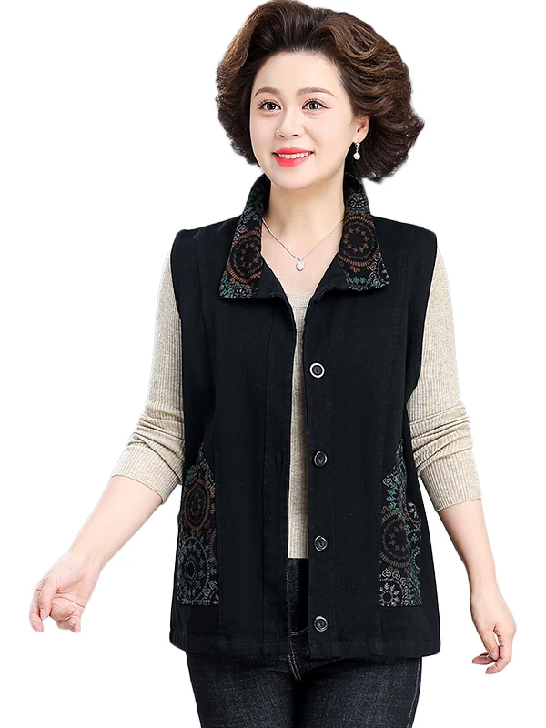 Faionable Cotton Polyester Vest Outerwear for Middle-Aged And ly Women Spring Autumn Wearable Patch ket Open Cardigan