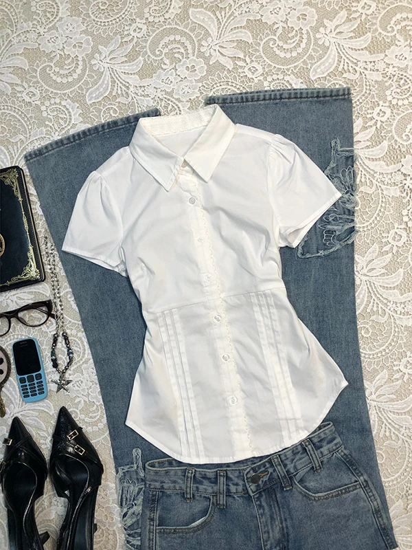 Originele diepblauwe V-ne ort Sve irt dames zomer vintage vintage Sle katoenmix recht gesneden woon-werkverkeer Sle irt