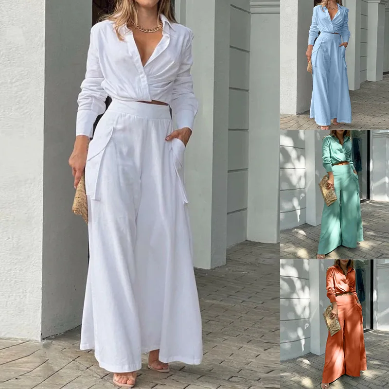 2026 Women's Summary New Collection: Random Solid-color Long-sleeve Shirt And High-waisted Wide-leg Pants. Set Luxury Party