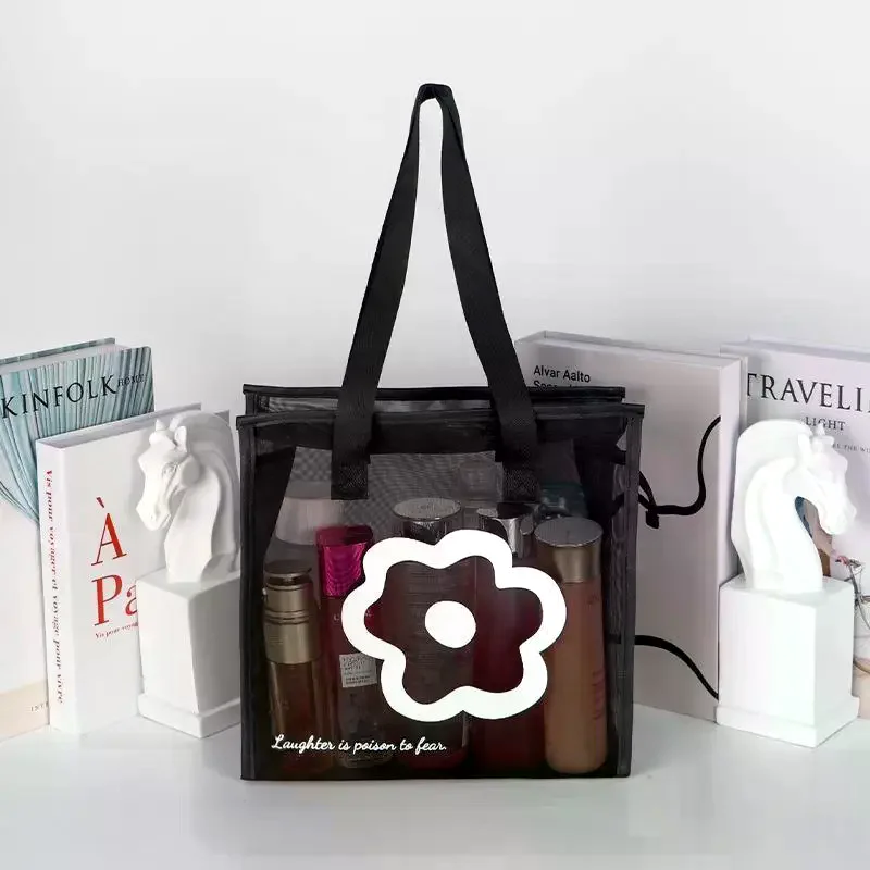 Flower Pattern Beach Tote Bag Black Zippered Nylon Mesh Transparent Wash Bag for Summer Outdoor Activities
