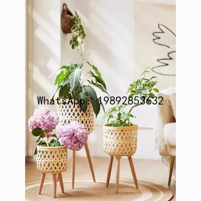 V5.11  solid wood rattan flower stand, living room sofa side few floor-to-ceiling bamboo woven shelves, corner balcony flower