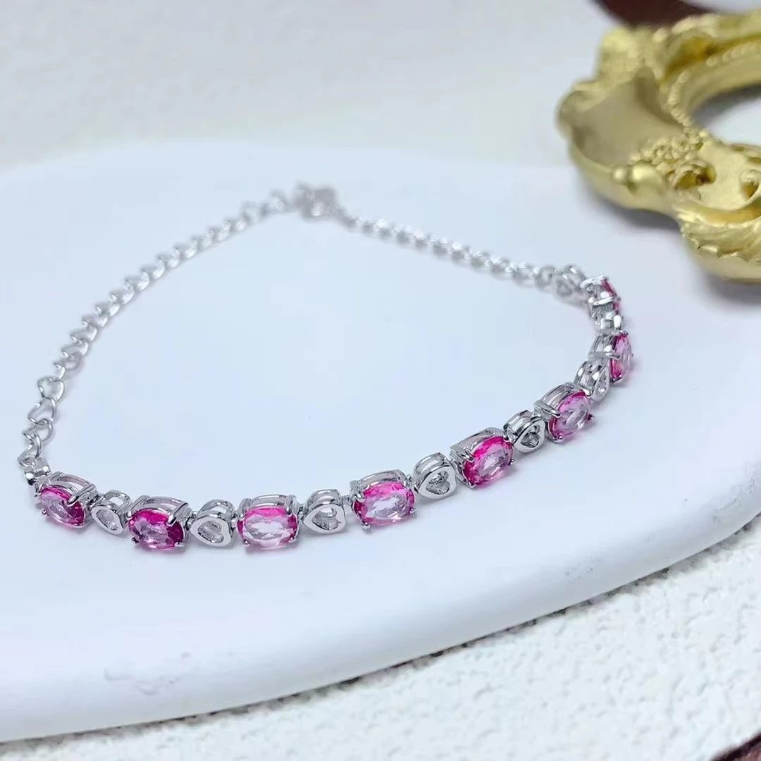 

VVS Grade Pink Topaz Bracelet 4mm*5mm Total 3.2ct Natural Topaz Silver Bracelet 18K Gold Plated Gemstone Jewelry