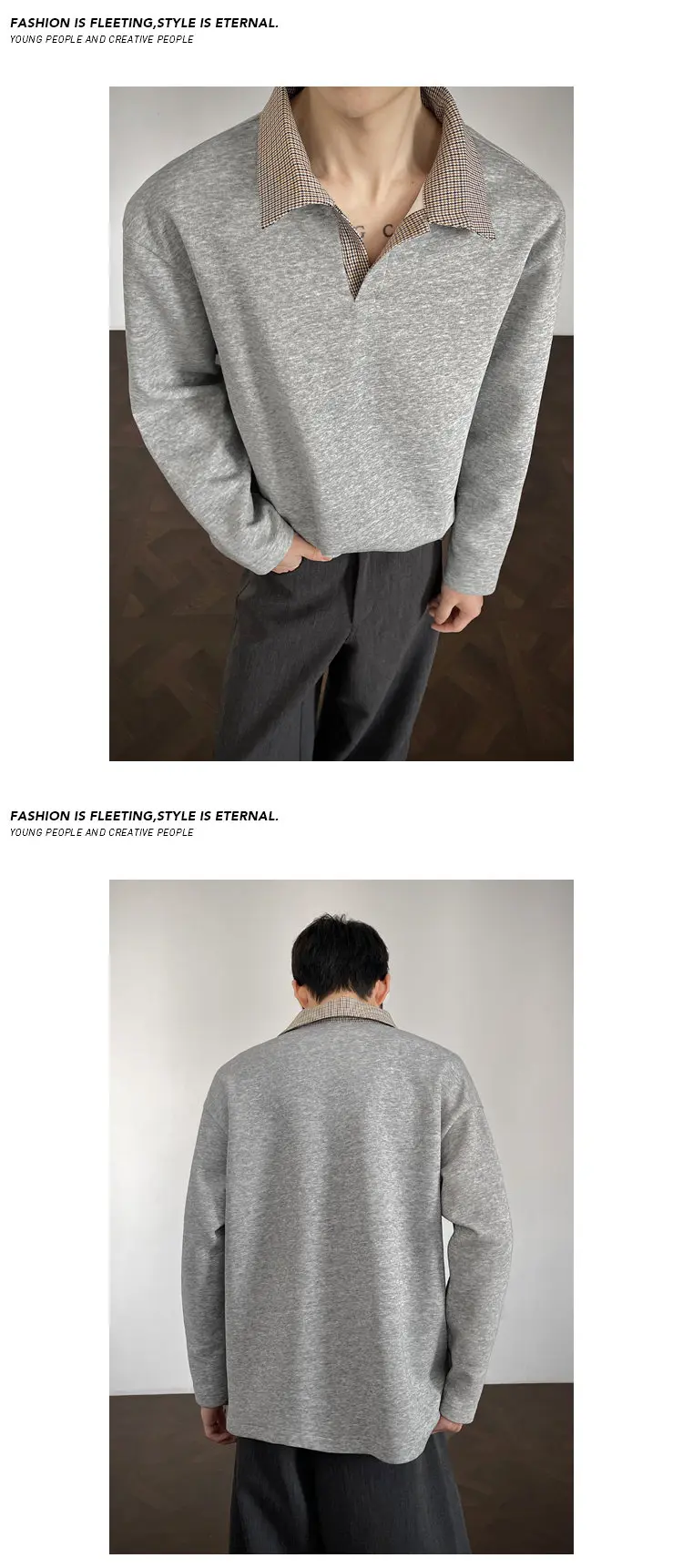 Herren-Poloshirt für den Herbst mit gespleißtem Karokragen, langen Ärmeln, aus weichem Strickstoff, entspannter Silhouette für Outdoor-Reisen. – Detail 17