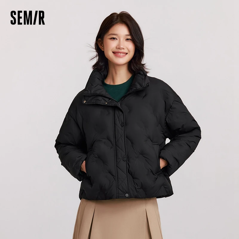 Semir Down Jacket Women Thin Houndstooth Loose 2024 New Winter Waterproof Windproof Stand-Up Collar Wear Down Jacket